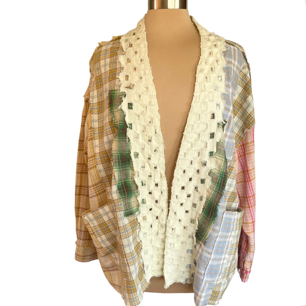 Pol Patchwork Multicolor Plaid Open Front Shacket… - image 3